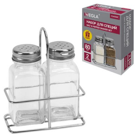 Набор для специй 2х80 мл, CLASSIC, солонка + перечница на подставке, стекло/сталь, WEGLA (ВЕГЛА), 700227