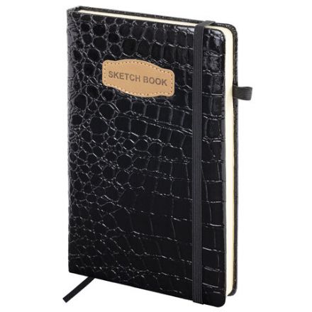 Скетчбук, слоновая кость 140 г/м2, 130х210 мм, 80 л., КОЖЗАМ, резинка, BRAUBERG ART CLASSIC, CROCO, черный, 116470
