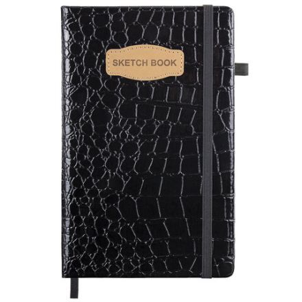 Скетчбук, слоновая кость 140 г/м2, 130х210 мм, 80 л., КОЖЗАМ, резинка, BRAUBERG ART CLASSIC, CROCO, черный, 116470