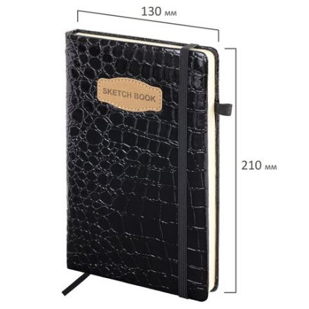 Скетчбук, слоновая кость 140 г/м2, 130х210 мм, 80 л., КОЖЗАМ, резинка, BRAUBERG ART CLASSIC, CROCO, черный, 116470