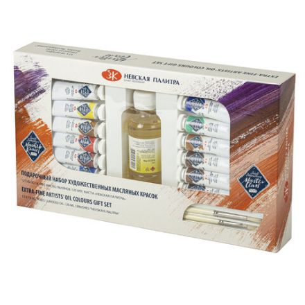 Краски масляные художественные "Мастер класс", 12 цветов по 18 мл + масло льняное 120 мл + 2 кисти, Невская Палитра, 1141965 Краски масляные художественные "Мастер класс", 12 цветов по 18 мл + масло льняное 120 мл + 2 кисти, Невская Палитра, 1141965
