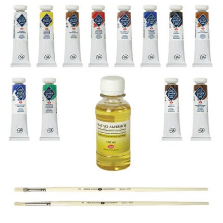 Краски масляные художественные "Мастер класс", 12 цветов по 18 мл + масло льняное 120 мл + 2 кисти, Невская Палитра, 1141965 Краски масляные художественные "Мастер класс", 12 цветов по 18 мл + масло льняное 120 мл + 2 кисти, Невская Палитра, 1141965