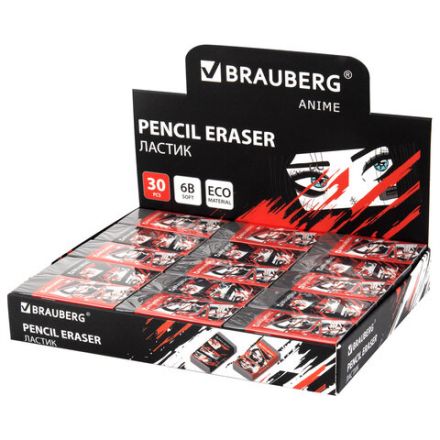 Ластик BRAUBERG "ANIME", 50х24х10 мм, прямоугольный, картоннный держатель, экологичный ПВХ, ассорти, 272731