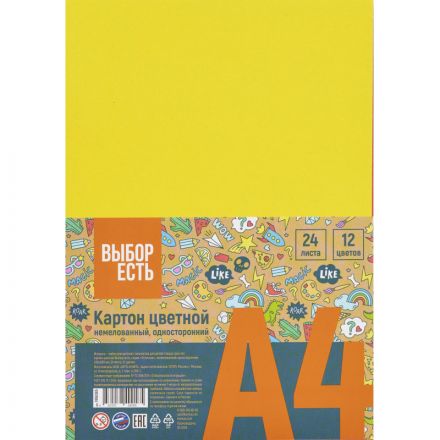 Картон цветной Выбор есть Отличник 24л12цв А4 немелован.пакет