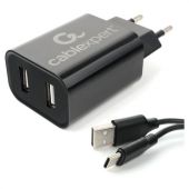 Зарядное устройство CABLEXPERT 12 Вт, 2.4 А, 2 х USB, кабель Type-C, 1 м, черный, коробка-блистер, MP3A-PC-37 Зарядное устройство CABLEXPERT 12 Вт, 2.4 А, 2 х USB, кабель Type-C, 1 м, черный, коробка-блистер, MP3A-PC-37