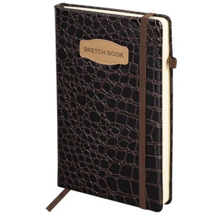 Скетчбук, слоновая кость 140 г/м2, 130х210 мм, 80 л., КОЖЗАМ, резинка, BRAUBERG ART CLASSIC, CROCO, коричневый, 116471