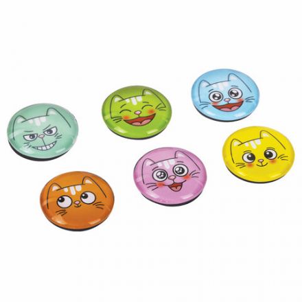 Магниты стеклянные 35 мм для досок магнитно-маркерных, НАБОР 6 шт., "3D Коты", BRAUBERG KIDS, круглые, блистер, 272516