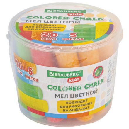 Мел в ведерке для рисования на асфальте 20 штук, 5 цветов, цветной круглый, BRAUBERG KIDS, 272773