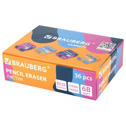 Ластик BRAUBERG "CLARITY", 34х34х14 мм, квадратный, экологичный ПВХ, ассорти, 272732