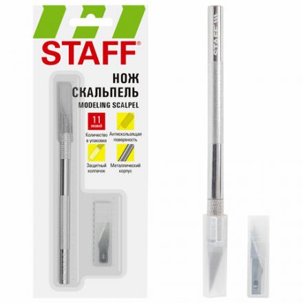 Нож макетный (скальпель) STAFF, 11 лезвий в комплекте, металлический корпус, блистер, 238257 Нож макетный (скальпель) STAFF, 11 лезвий в комплекте, металлический корпус, блистер, 238257