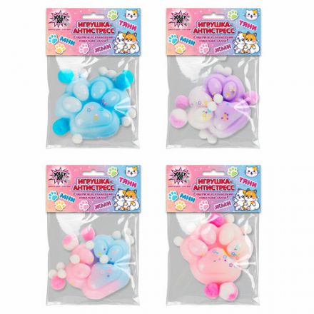 Игрушка-антистресс "ЦВЕТНАЯ КОШАЧЬЯ ЛАПКА С ПОМПОНАМИ", 7х6 см, ассорти 4 вида, дисплей, JOLLY JOT (ДЖОЛЛИ ДЖОТ), 665770