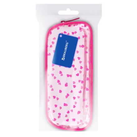 Пенал-косметичка BRAUBERG LUCENT на молнии, прозрачный, "Hearts", 21х5х9 см, 272345