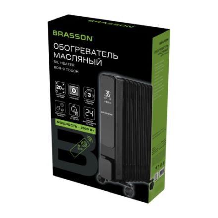 Обогреватель масляный BRASSON (БРАССОН) BOR-9 TOUCH, 9 секций, 2000 Вт, 3 режима, сенсор, пульт ДУ, черный, 457778