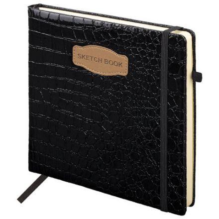 Скетчбук, слоновая кость 140 г/м2, 200х200 мм, 80 л., КОЖЗАМ, резинка, BRAUBERG ART CLASSIC, CROCO, черный, 116472