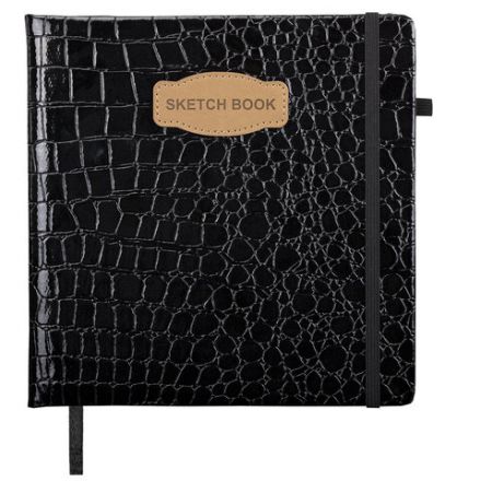 Скетчбук, слоновая кость 140 г/м2, 200х200 мм, 80 л., КОЖЗАМ, резинка, BRAUBERG ART CLASSIC, CROCO, черный, 116472