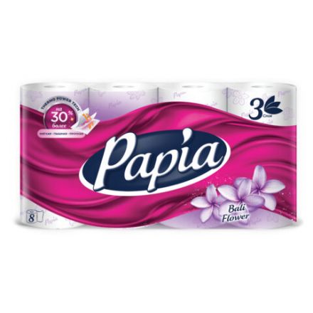 Бумага туалетная быт., спайка 8 шт., 3-слойная (8х16,5 м), PAPIA, аромат "Балийский цветок", 5080738
