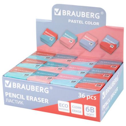 Ластик BRAUBERG "PASTEL COLOR DUO", 34х34х14 мм, квадратный, экологичный ПВХ, ассорти, 272733