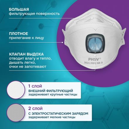 Полумаска фильтрующая PHSV 3031 с кл FFP3 до 50ПДК 5шт/уп