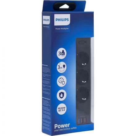 Сетевой фильтр Philips CHP4336BB/51 3р/3м с USB, 10А, черный