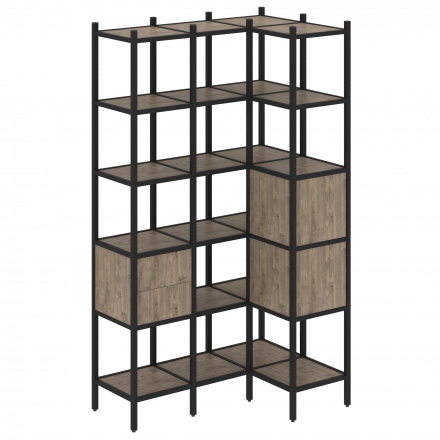 Loft Угловой внутренний стеллаж наборный VR.L-35 Тиквуд тёмный/Чёрный металл 1278*862*2280