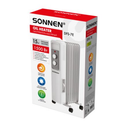 Обогреватель масляный SONNEN DFS-7E, 7 секций, 1500 Вт, 3 режима, механическое управление, белый, 457779
