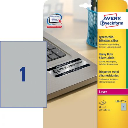 Этикетки самоклеящиеся Avery Zweckform для инвентаризации (серебристые, 210x297 мм, 1 штука на листе А4, 20 листов)