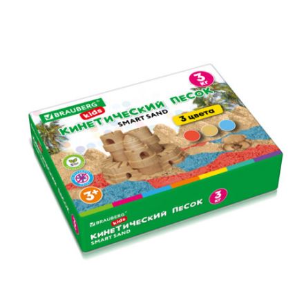 Песок для лепки кинетический, 3 цвета, 3 кг, коробка-песочница, BRAUBERG KIDS, 666009
