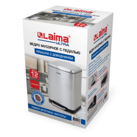 Ведро мусорное с педалью 12 л, крышка с доводчиком, стальное, БЕЗ ОТПЕЧАТКОВ, LAIMA ULTRA, 701568