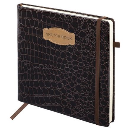 Скетчбук, слоновая кость 140 г/м2, 200х200 мм, 80 л., КОЖЗАМ, резинка, BRAUBERG ART CLASSIC, CROCO, коричневый, 116473