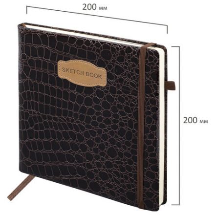 Скетчбук, слоновая кость 140 г/м2, 200х200 мм, 80 л., КОЖЗАМ, резинка, BRAUBERG ART CLASSIC, CROCO, коричневый, 116473
