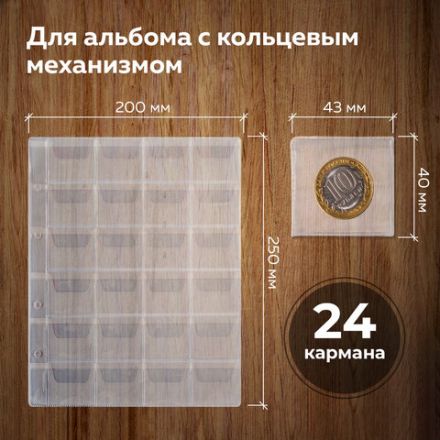 Листы-вкладыши для альбома "OPTIMA" на 24 монеты d до 38 мм, КОМПЛЕКТ 10 шт., 200х250 мм, ПВХ, STAFF, 238084