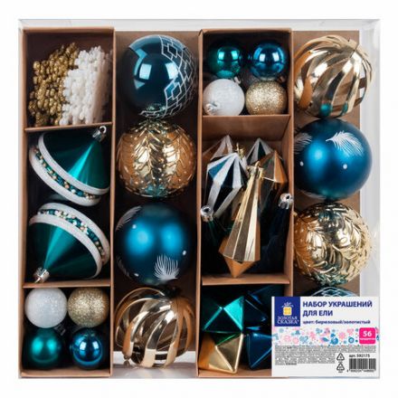 Шары ёлочные НАБОР 56 предметов, "Polar Light", бирюзовый/золото, пластик, ЗОЛОТАЯ СКАЗКА, 592175