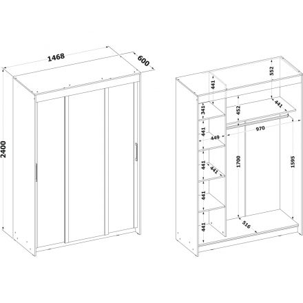 Шкаф-купе Сокол 3-ств.ШР-156.2 с зеркалом 1468x600x2400, венге/дуб