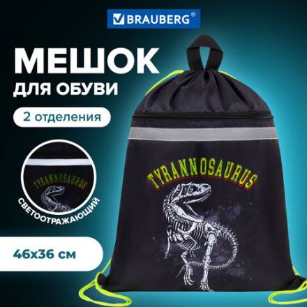 Мешок для обуви BRAUBERG, с петлей, светоотражающая полоса, 2 отделения, 46х36 см, Tyrannosaur, 272399