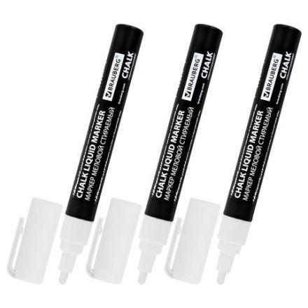 Маркеры меловые CHALK LIQUID MARKER, БЕЛЫЕ, НАБОР 3 шт., 3 мм, СТИКЕРЫ В ПОДАРОК, BRAUBERG, 152595