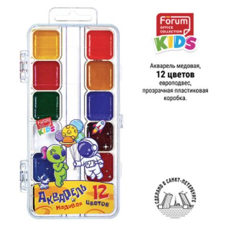 Краски акварельные FORUM "КОСМО", медовые, 12 цв, квадратные кюветы,прозрачн. пластик,FA-EV-1012-Aln Краски акварельные FORUM "КОСМО", медовые, 12 цв, квадратные кюветы,прозрачн. пластик,FA-EV-1012-Aln