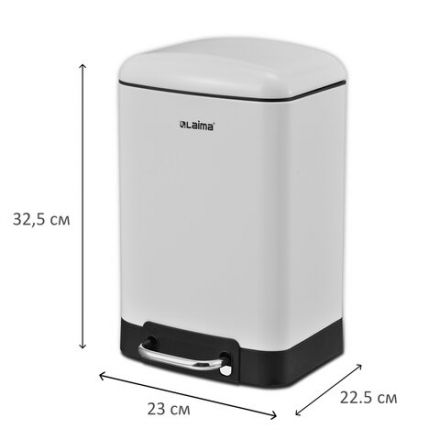 Ведро мусорное с педалью 6 л, крышка с доводчиком, белое матовое, металл, LAIMA ULTRA, 701569