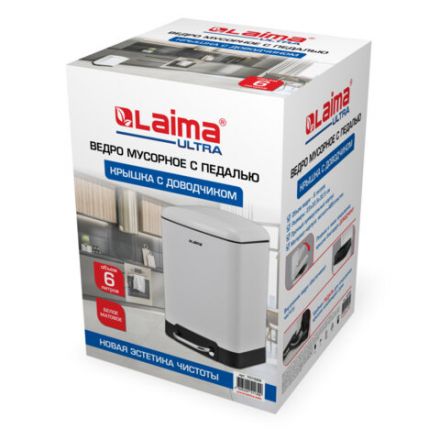 Ведро мусорное с педалью 6 л, крышка с доводчиком, белое матовое, металл, LAIMA ULTRA, 701569