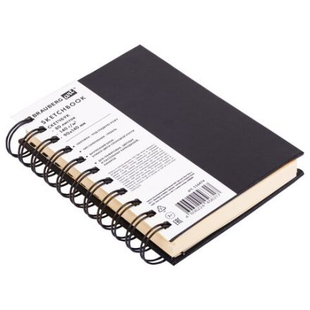 Скетчбук, слоновая кость 140 г/м2 90х140 мм, 80 л., КОЖЗАМ, гребень, BRAUBERG ART CLASSIC, черный, 116474