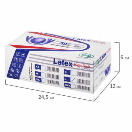 Перчатки латексные смотровые сверхпрочные SFM HIGH RISK ULTRA, Германия, 25 пар (50 штук), размер 8-9, L (большой)