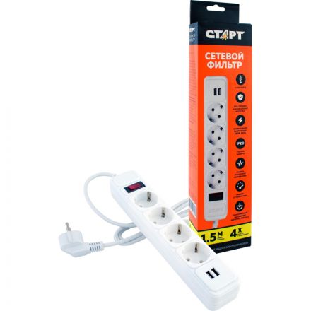 Сетевой фильтр СТАРТ С/УД-Ф SP 4x1 2USB ZVT 4р/1,5м 10А/2200Вт белый
