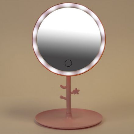 Зеркало настольное с LED-подсветкой для макияжа, диаметр 17 см, 3 режима свечения, аккумулятор 1200 mAh, цвет розовый, WBZ (ВБЗ), 609331