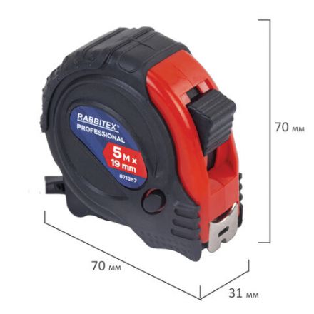 Рулетка измерительная 5 м х 19 мм, обрезиненный корпус, 3 фиксатора, RABBITEX (РАББИТЕКС) Professional, 671357