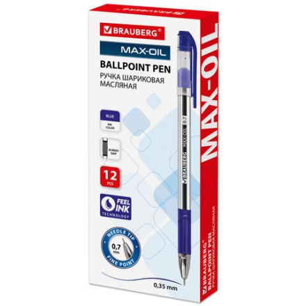 Ручка шариковая масляная с грипом BRAUBERG "Max-Oil", СИНЯЯ, игольчатый узел 0,7 мм, линия письма 0,35 мм, 141701