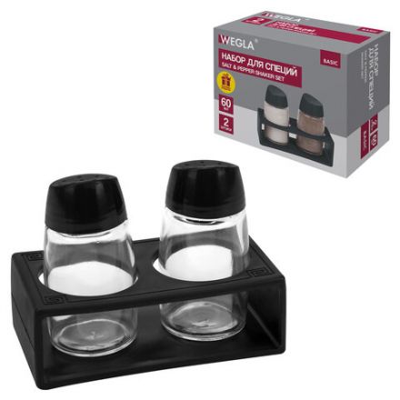 Набор для специй 2х60 мл, BASIC, подставка + солонка + перечница, стекло/пластик, черный, WEGLA (ВЕГЛА), 700232