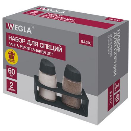 Набор для специй 2х60 мл, BASIC, подставка + солонка + перечница, стекло/пластик, черный, WEGLA (ВЕГЛА), 700232