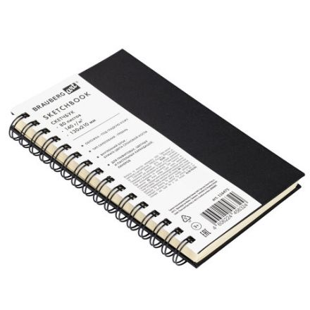 Скетчбук, слоновая кость 140 г/м2 130х210 мм, 80 л., КОЖЗАМ, гребень, BRAUBERG ART CLASSIC, черный, 116475