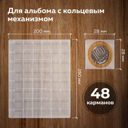 Листы-вкладыши для альбома "OPTIMA" на 48 монет d до 25 мм, КОМПЛЕКТ 10 шт., 200х250 мм, ПВХ, STAFF, 238086