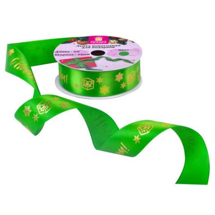 Упаковочная лента новогодняя для декора и подарков, 25 мм х 5 м, ЗЕЛЕНАЯ, с тиснением, ЗОЛОТАЯ СКАЗКА, 592416