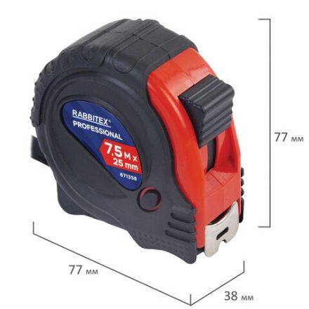 Рулетка измерительная 7,5 м х 25 мм, обрезиненный корпус, 3 фиксатора, RABBITEX (РАББИТЕКС) Professional, 671358